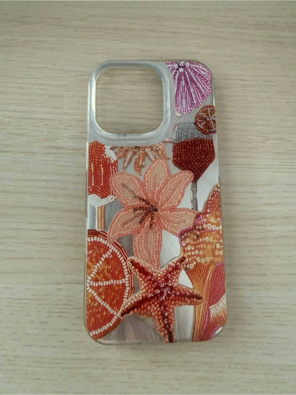 ❤️ Translucent Silver Floral, Spritz, & Sea Motif Phone Case - Pink & Orange